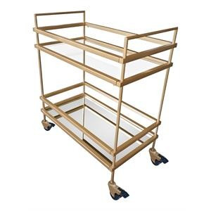 The Urban Port 15" Modern Metal Bar Cart with 2 Mirrored Shelves in Gold | Cymax
