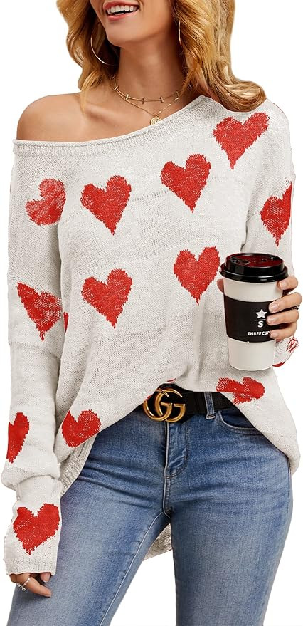 Tutorutor Womens Cute Love Heart Print Sweaters Oversized Off The Shoulder Loose Knitted Valentin... | Amazon (US)