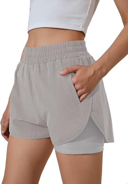 BMJL Women's Running Shorts Elastic Waistband High Waisted Shorts Pocket Sporty Workout Shorts Gy... | Amazon (US)