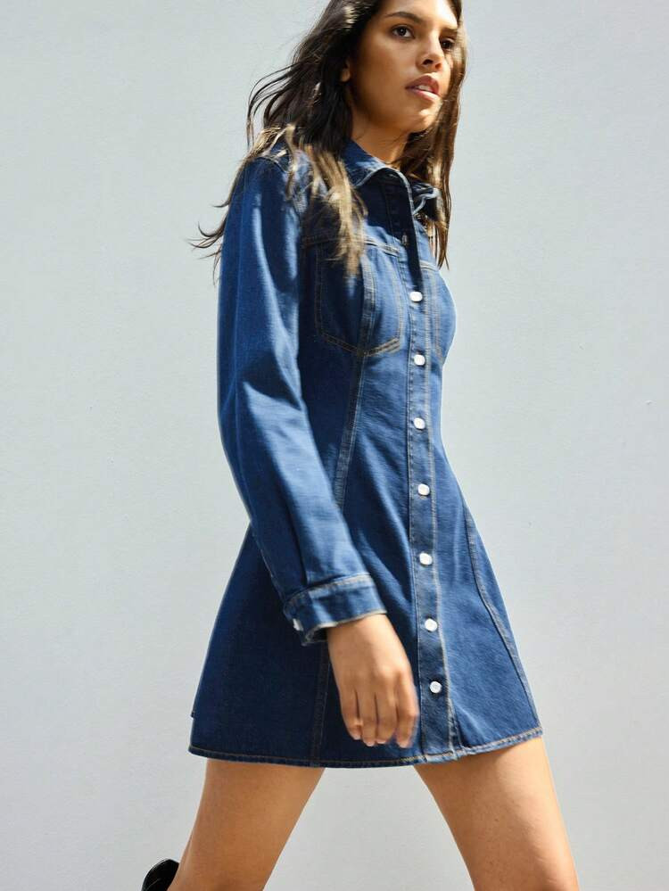 Maija Women's Front Button Long Sleeve Denim Dress, Fashion Blue | SHEIN