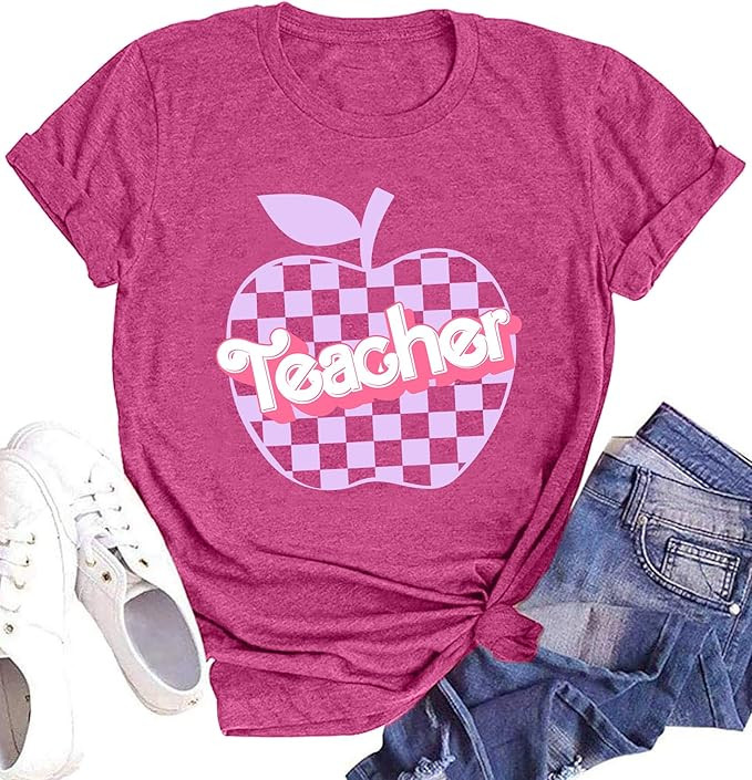 Teacher Shirts Women Funny Teacher Letter Print Tee Apple Graphic Short Sleeve Teacher Gifts Tops | Amazon (US)