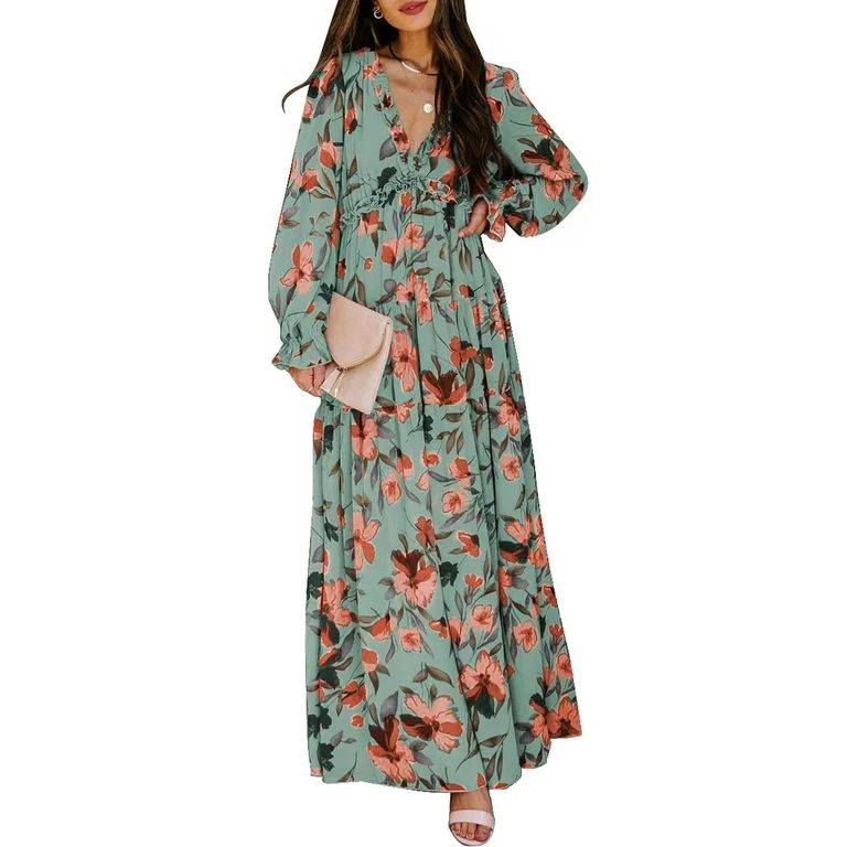 Dokotoo Green Boho Floral Dress for Women Trendy V Neck Long Lantern Sleeve Elastic Cuffs Maxi Dr... | Walmart (US)