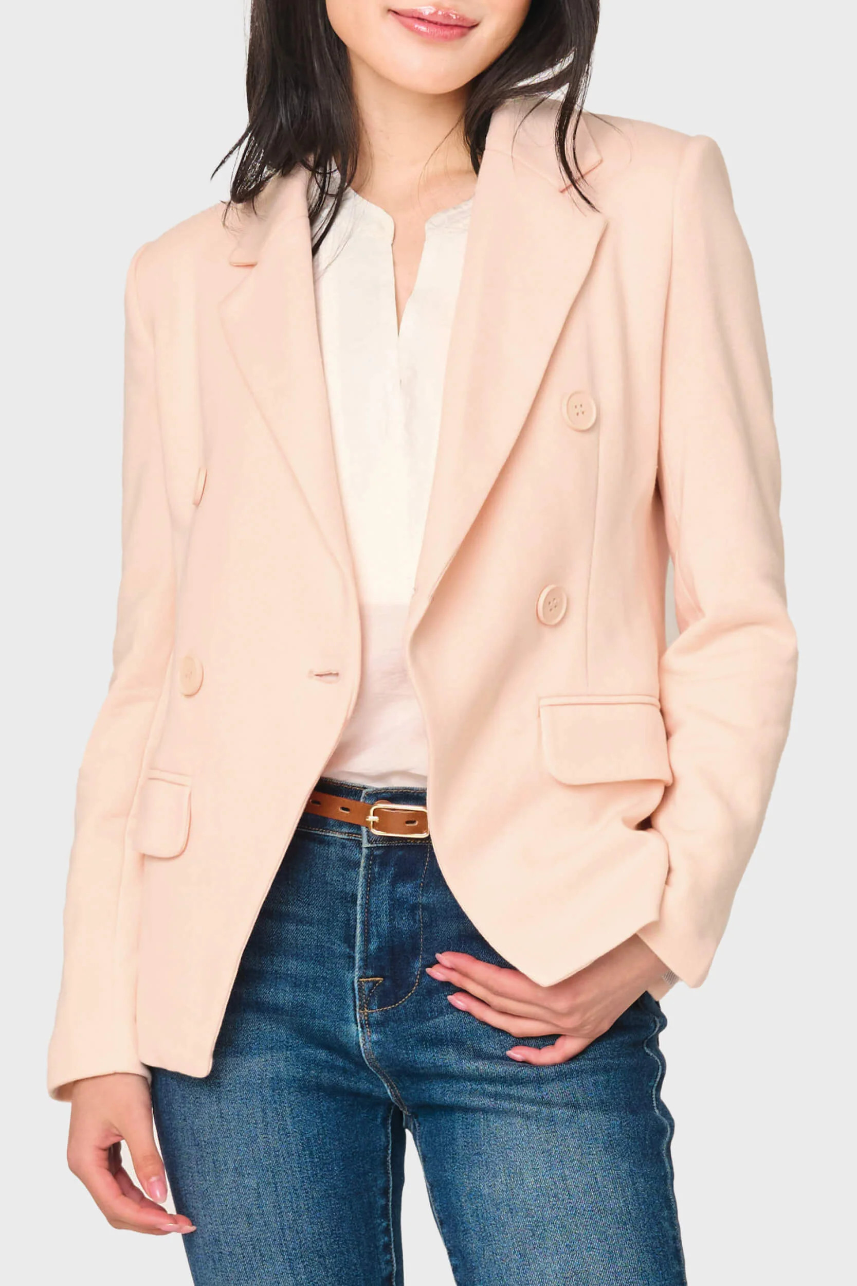 Double Breasted Blazer in Pearl Blush | Knit Blazer | Gibsonlook | Gibsonlook