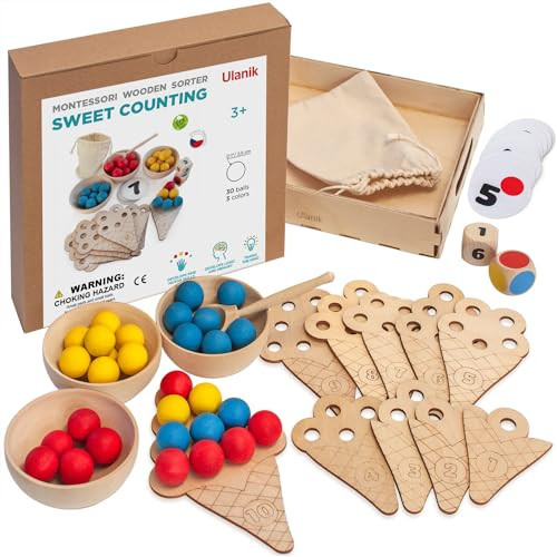 Ulanik Sweet Counting Toddler Montessori Toys for 3 Year Old + Kids Wooden Matching Game for Learning Color Sorting and Counting — 30 Balls, 0.98 in | Amazon (US)