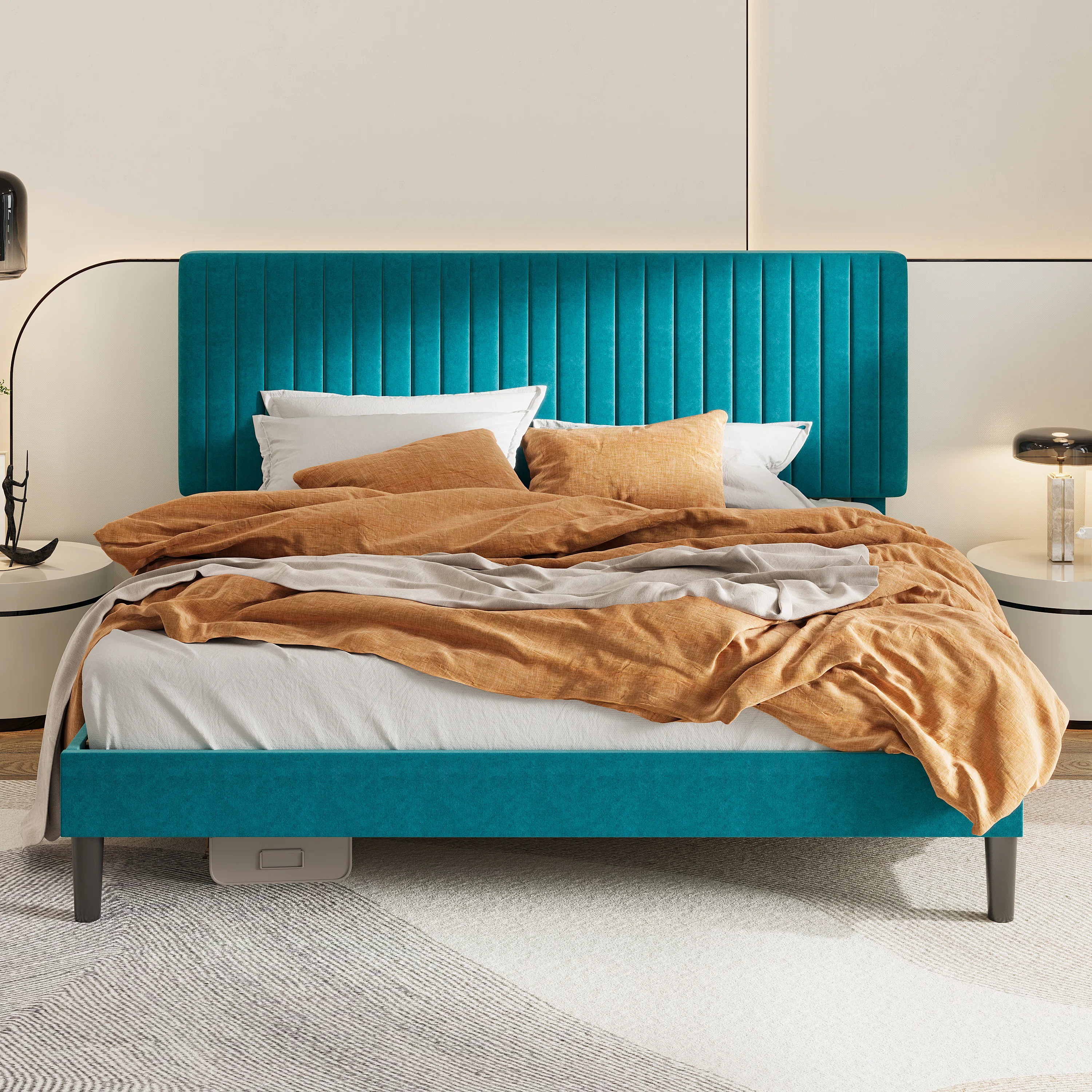 Velvet Upholstered Platform Bed With Adjustable Vertical Channel Tufted Headboard | Wayfair North America