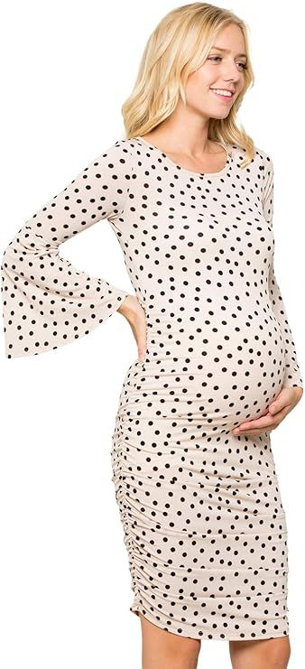 My Bump Women's Maternity Dress - Printed Fitted Stretch Bell Sleeve W/Ruched | Amazon (US)