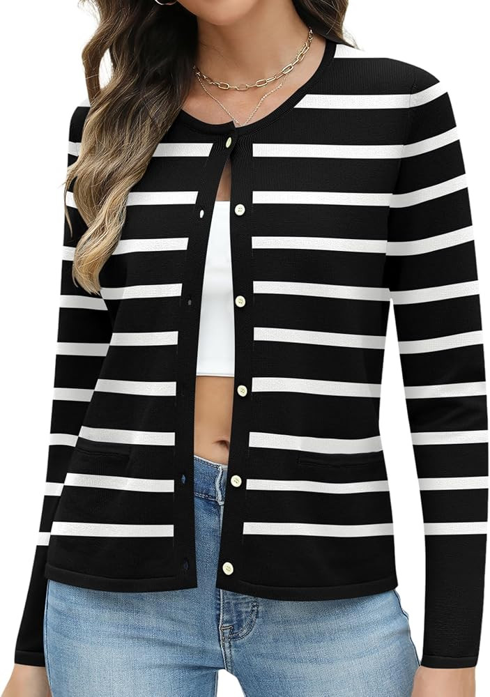 Rapbin Women's Lightweight Button Down Cardigan Sweater with Pockets Long Sleeve Crew Neck Open F... | Amazon (US)