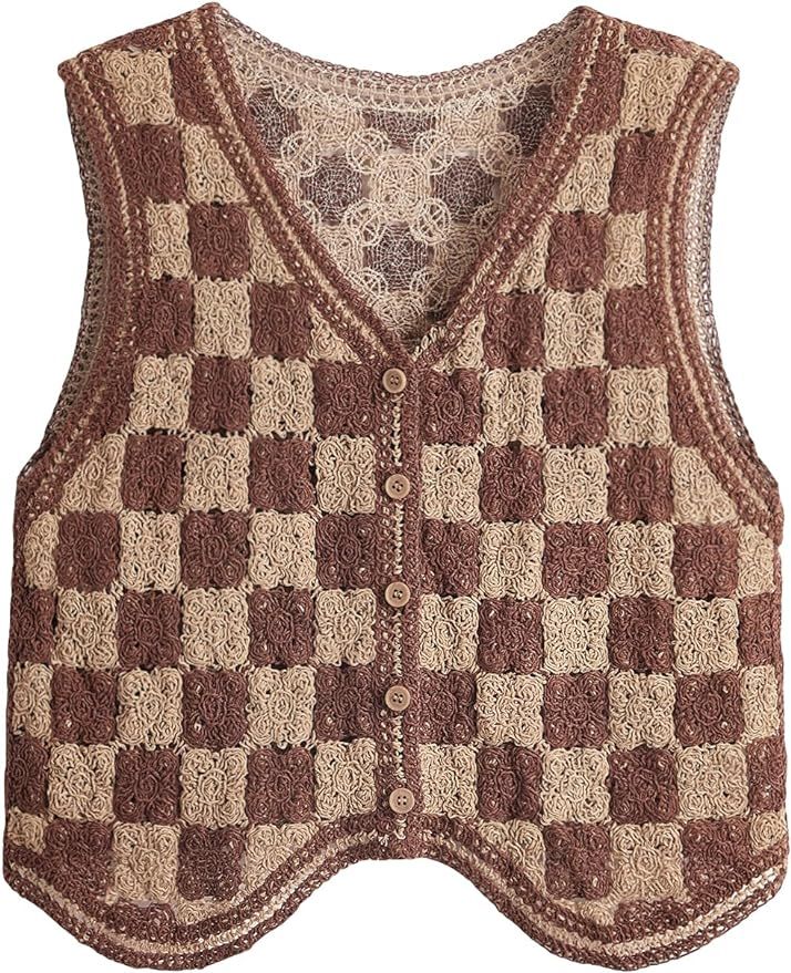 Verdusa Women's Button Front V Neck Sleeveless Checkered Knit Sweater Vest | Amazon (US)