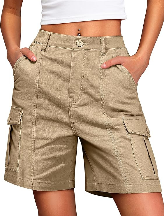 IWD Bermuda Shorts for Women Cargo Shorts Elastic Waist Knee Length 6 Pockets Long Shorts for Sum... | Amazon (US)