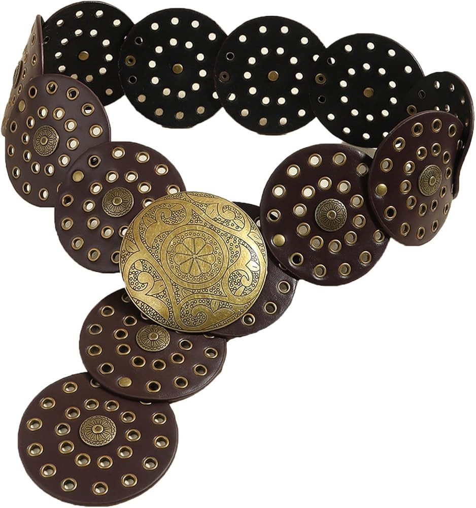 Women Wide Boho Disc Leather Belt Vintage Western Chunky Oval Concho Belt Y2k Grunge Accessories | Amazon (US)
