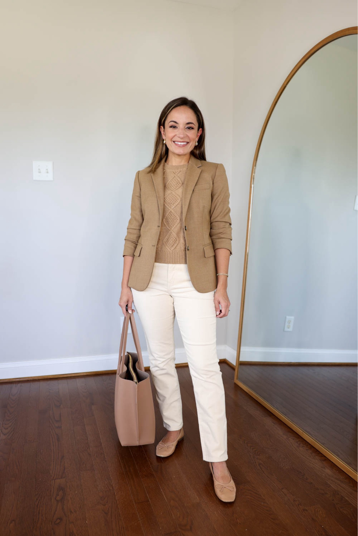 Casual outfits for work with flats! 

Camel blazer (j.crew factory): petite 00 
Camel vest (j.crew factory): xxs 
White corduroy pants (j.crew factory): petite 24 
Tote in cappuccino 
Shoes are tts 

My measurements for reference: 4’10” 105lbs bust, waist, hips 32”, 24”, 35” size 5 shoe. 25” inseam measurement to my ankle bone. 

#LTKWorkwear #LTKSeasonal