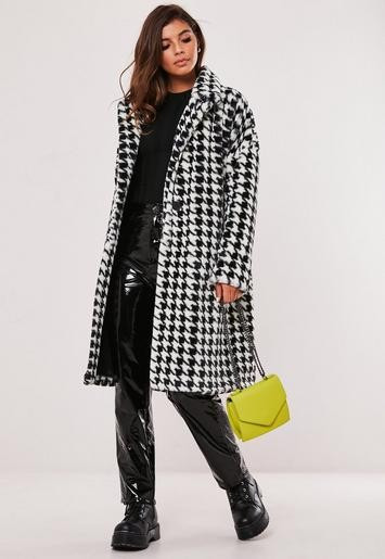 Missguided - Black Faux Fur Dogtooth Coat | Missguided (US & CA)