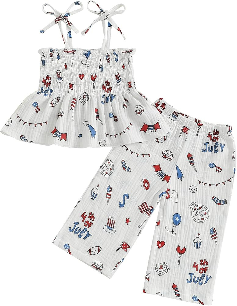 VISGOGO 4th of July Toddler Girl Outfits Smocked Strap Camisole Sleeveless Tops Pants Set Stars/P... | Amazon (US)