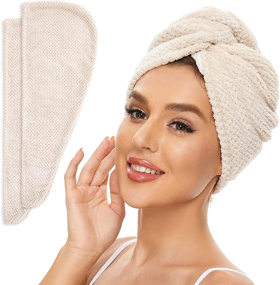 2 Pack Microfiber Hair Towel Wrap for All Hair Style, Anti Frizz Quick Drying Hair Turban - Perfe... | Amazon (US)