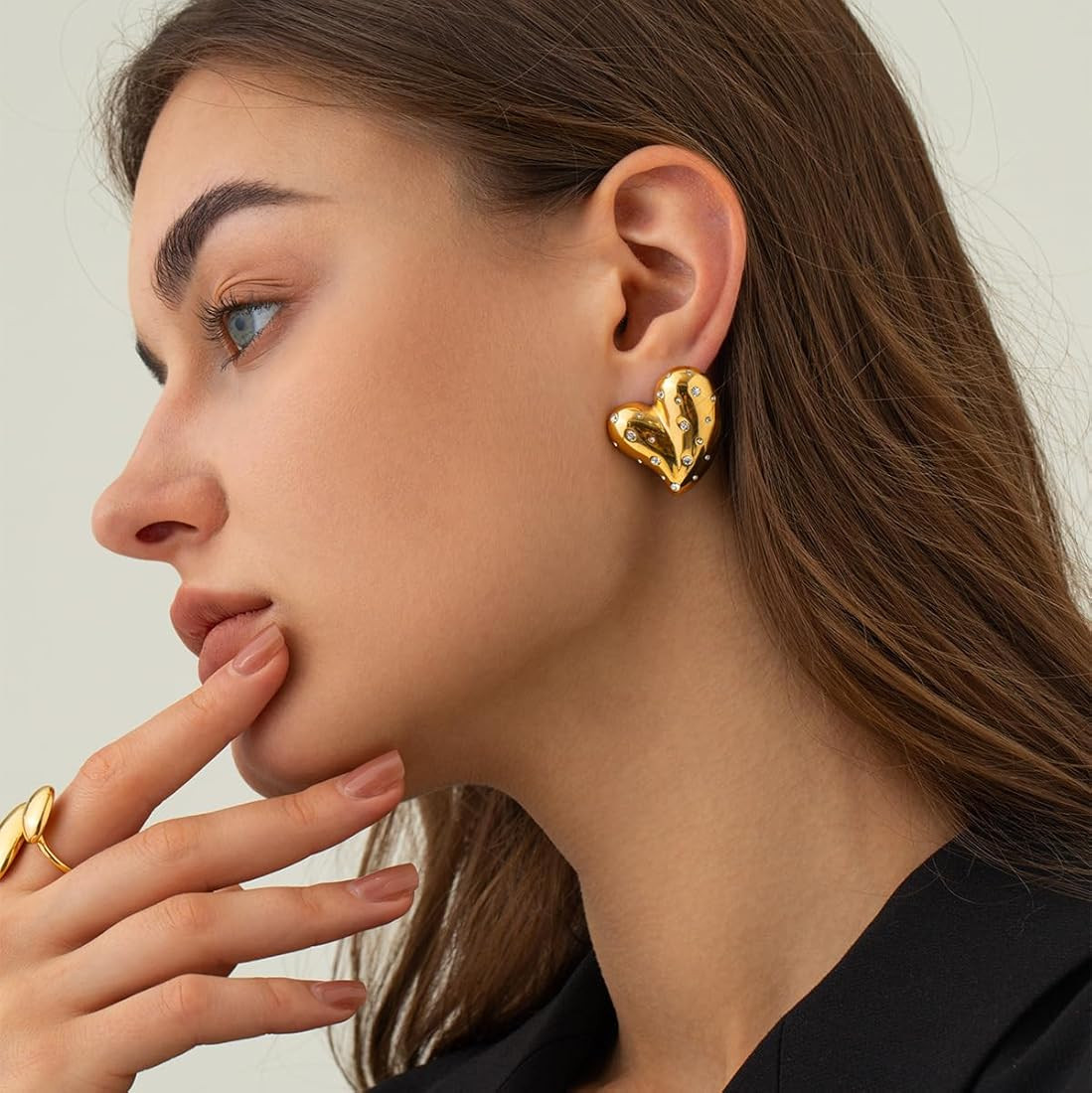 18k Gold Plated CZ Heart Earrings for Women Stainless Steel Triangle Geometric Stud Chunky Jewelr... | Amazon (US)