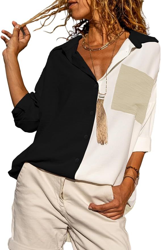 Astylish Women Casual V Neck Button Down Silk Shirt Long Sleeve Color Block Blouse Tunic Top | Amazon (US)