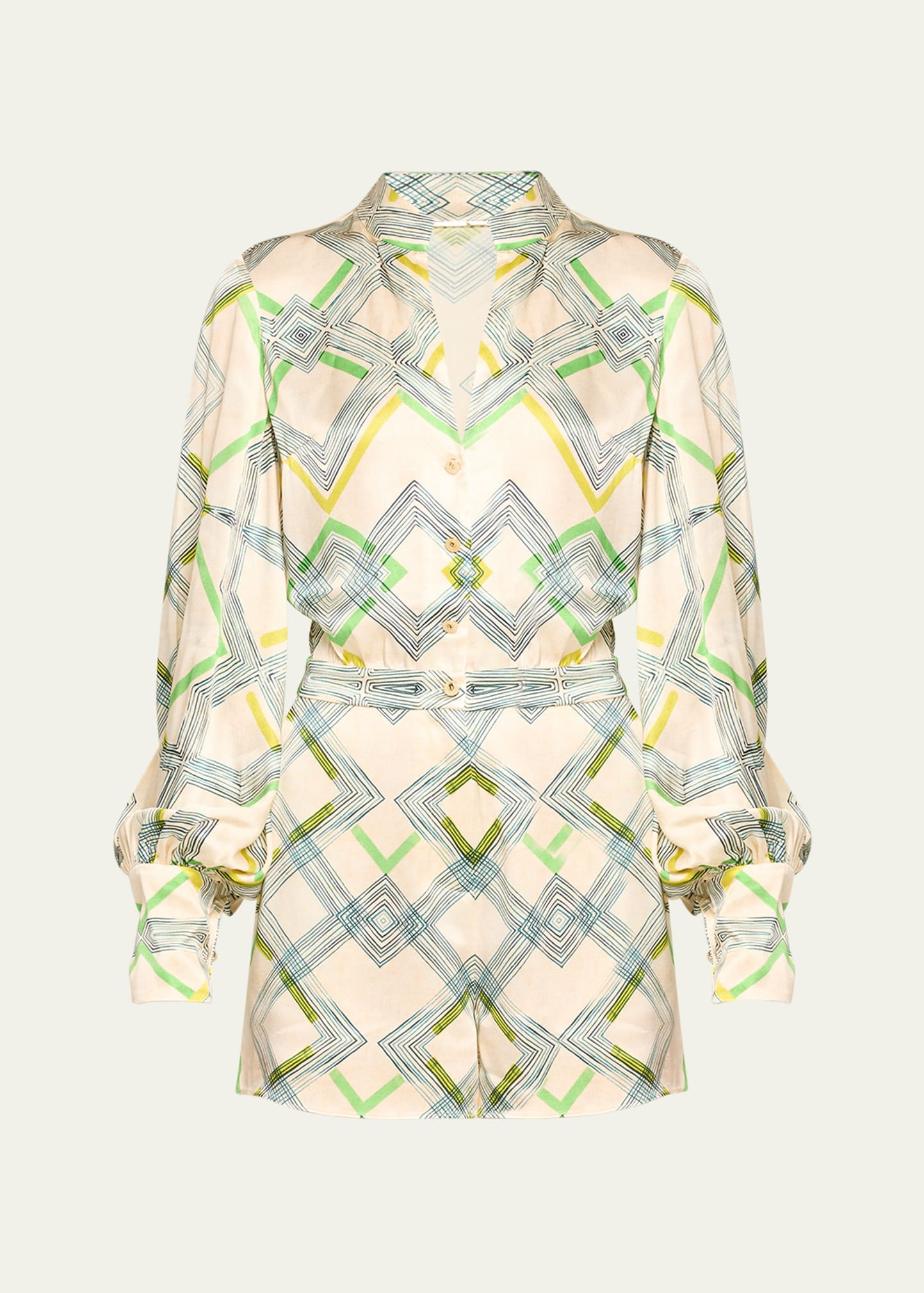 Alexis Ramsey Blouson-Sleeve Geo-Print Romper | Bergdorf Goodman