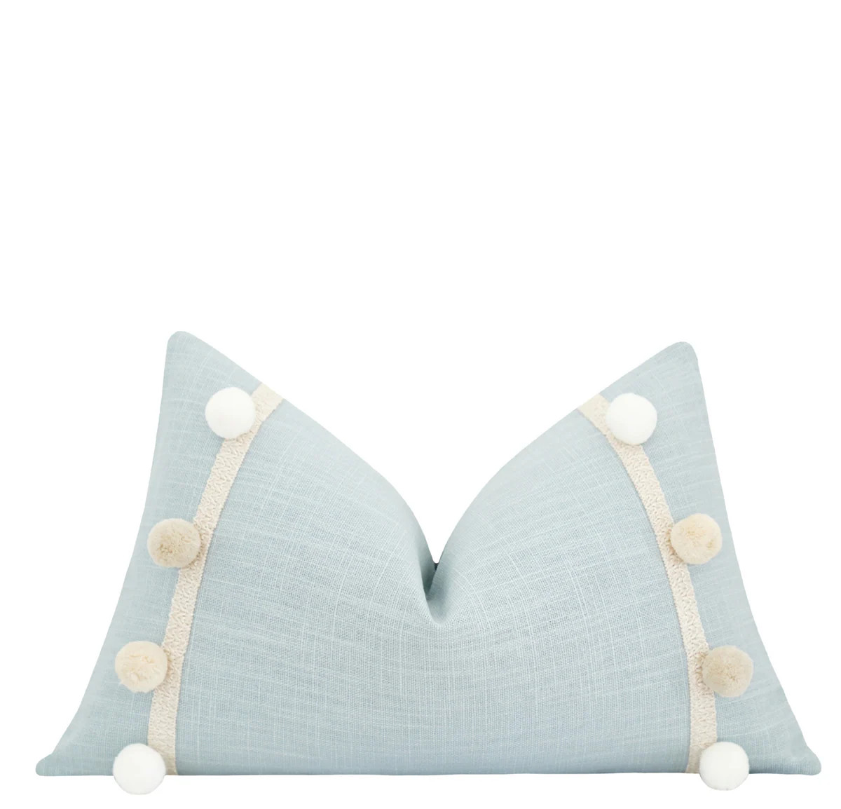 Sky Blue Linen Pillow Cover with Pom Pom Trim | Coastal Accent Pillow | Land of Pillows