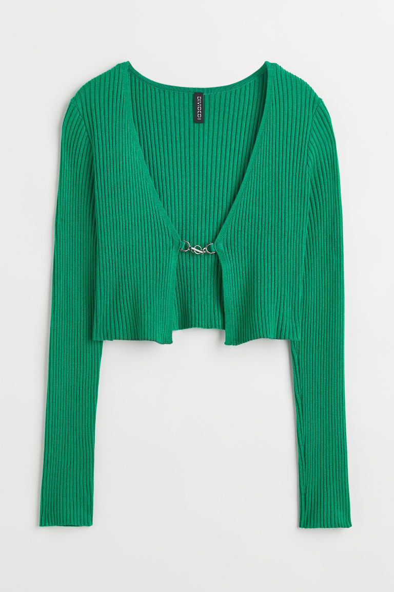 H & M - Cropped rib-knit cardigan - Green | H&M (UK, MY, IN, SG, PH, TW, HK)
