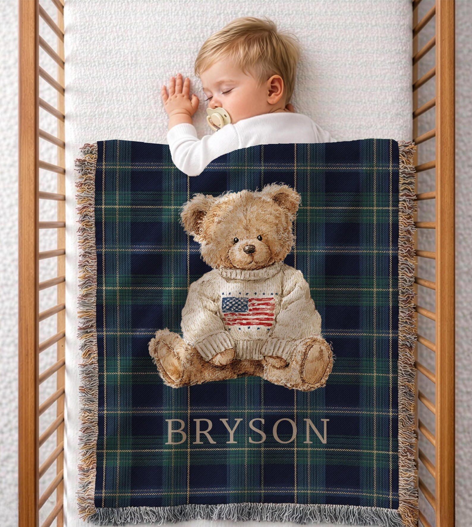 Personalized Teddy Bear Tartan Plaid Woven Blanket, Vintage Baby Boy Nursery Decor, Keepsake Thro... | Etsy (Global)