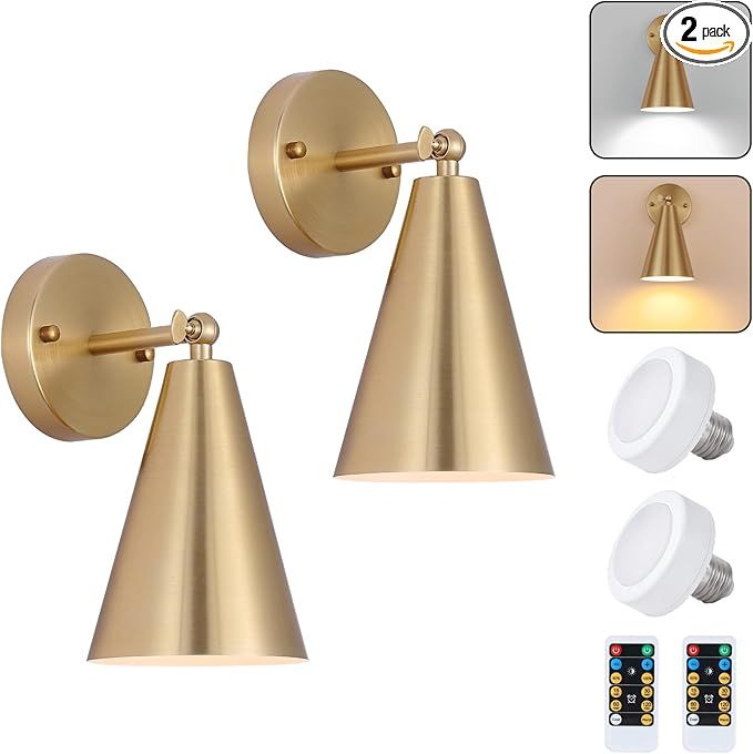 Gold Battery Operated Wall Sconces Set of Two,Wireless Indoor Led Lighting with Remote Control, M... | Amazon (US)