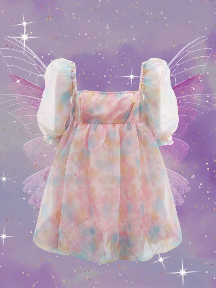 SHEIN MOD Tie Dye Puff Sleeve Square Neck Organza Dress | SHEIN