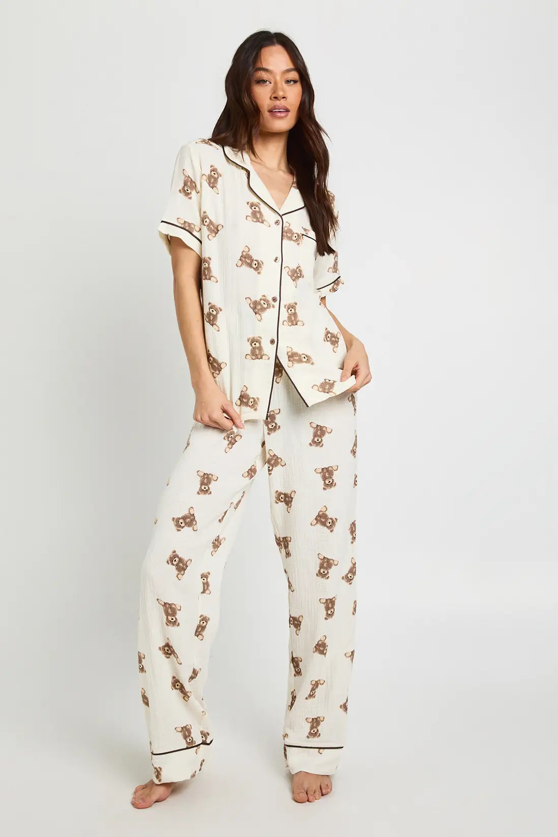 Tall Muslin Bear Print Short Sleeve Shirt & Trouser PJ Set | boohoo (US & Canada)