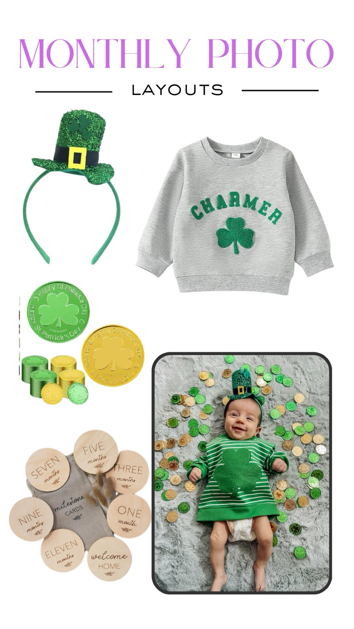 Milestone photos, baby photos, milestone cards, baby photos, st. Patricks day baby photos, st. patricks day, four leaf clover, lucky baby

#LTKBump #LTKBaby #LTKFindsUnder50