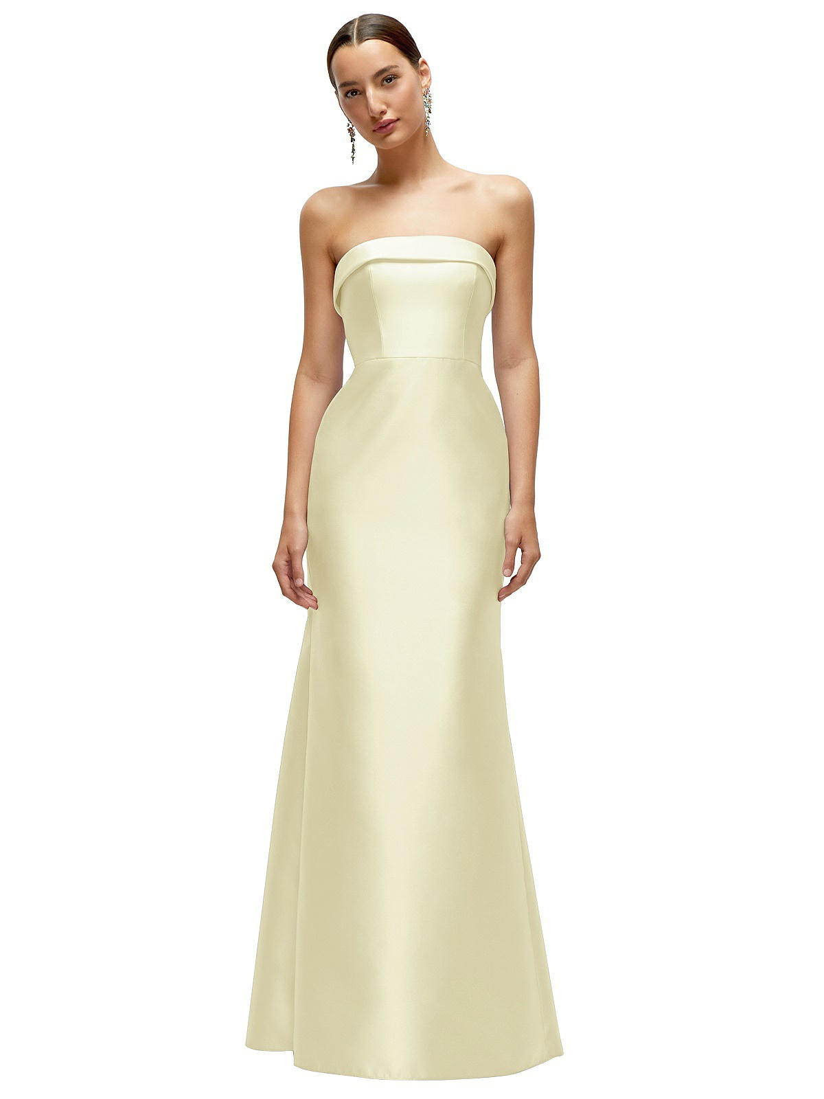 Strapless Cuff Neckline Satin Trumpet Gown in Butter Yellow | Dessy Group