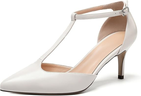 Amazon.com | Eldof Womens Kitten Heel Pumps T-Strap Ankle Buckle Pumps2.6 Pointed Toe Classic Off... | Amazon (US)