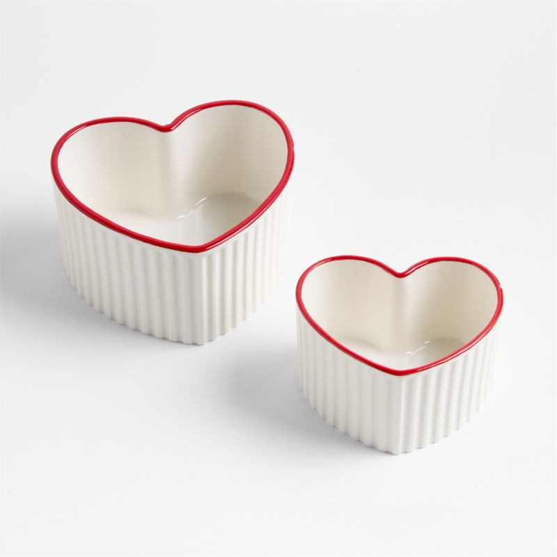 Red Rim Heart Shaped Ceramic 2-Piece Nesting Ramekins Set | Crate & Barrel | Crate & Barrel