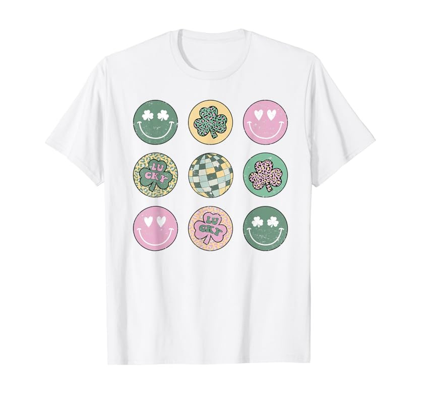 Shamrock Smile Face Disco Retro Groovy St Patricks Day Lucky T-Shirt | Amazon (US)