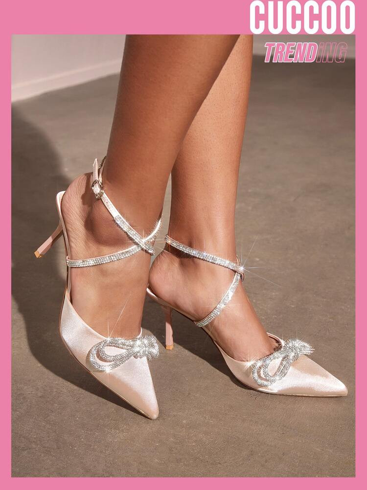 New
     
      CUCCOO Trending Rhinestone & Bow Decor Satin Point Toe Heeled Ankle Strap Pumps | SHEIN