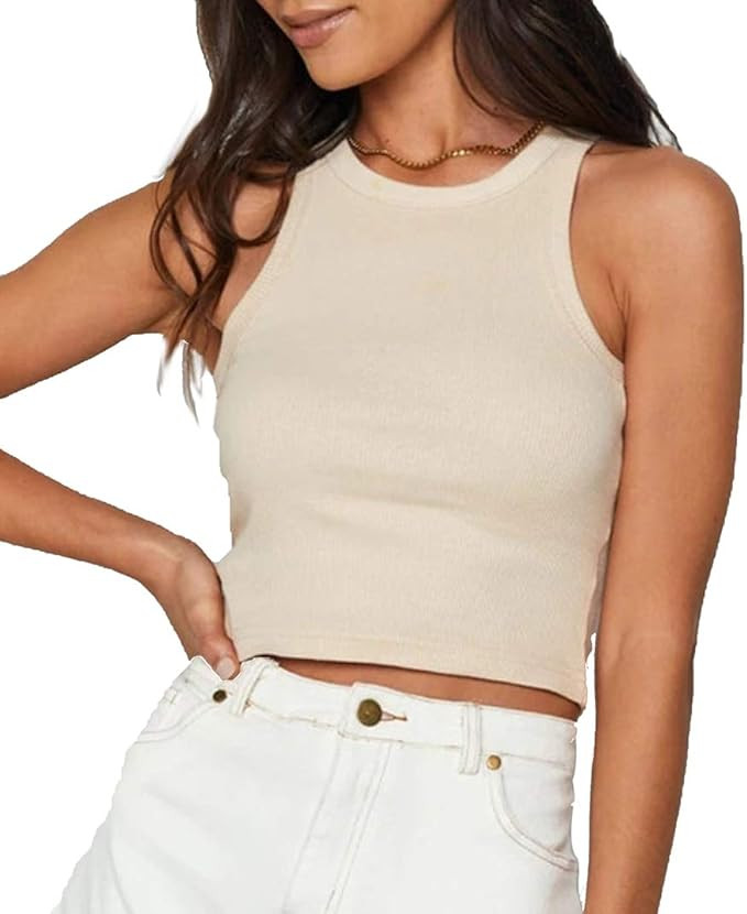 Meladyan Women's Basic Solid O Neck Rib-Knit Crop Vest Sleeveless Racerback Cropped Sports Tank T... | Amazon (US)