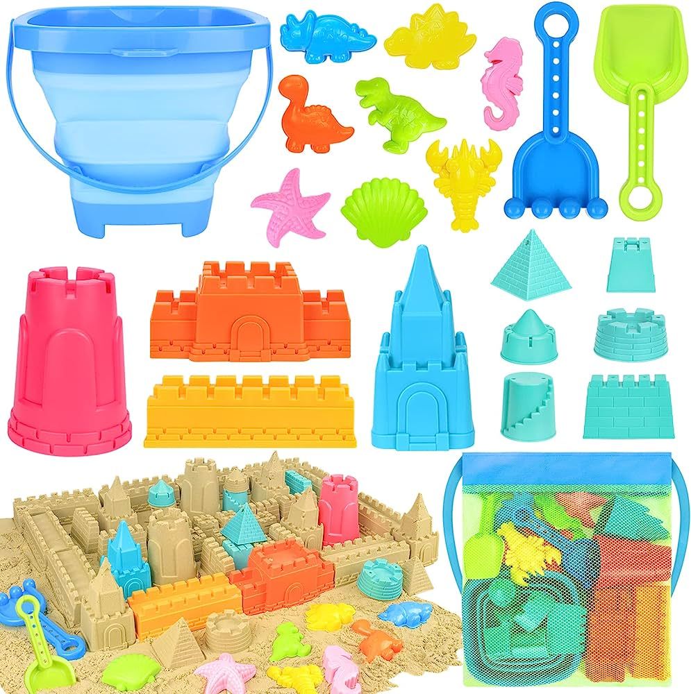 Collapsible Beach Toys for Kids Toddlers, Sand Bucket and Shovels Set with Mesh Bag, Sand Castle ... | Amazon (US)