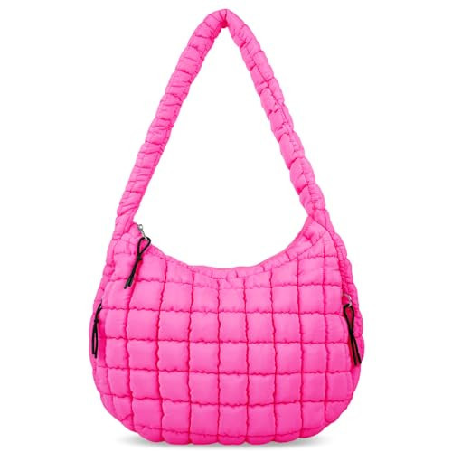 Quilted Puffer Tote Bag Large Puffy Crossbody Shoulder Bag, Lightweight Soft Nylon Quilted Oversized Padding Hobo Tote Bag Handbags Puff Purse Carryall Gym Bag Trendy Tote for Women(Rose Red) | Amazon (US)