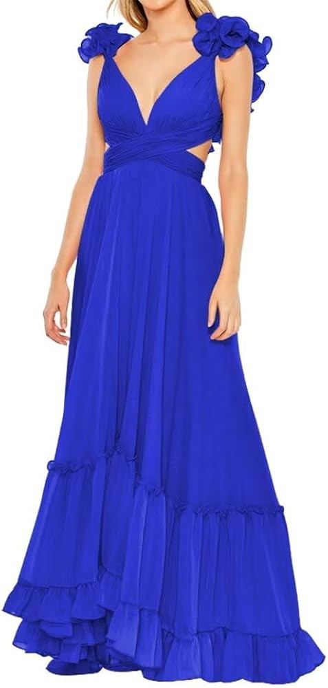 Chiffon Ruffle Prom Dresses V Neck Long Bridesmaid Dresses for Women Backless A Line Formal Eveni... | Amazon (US)