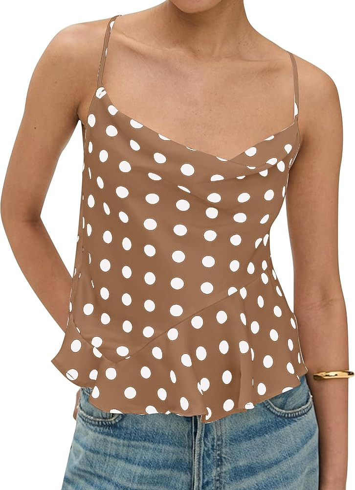 Women’s Polka Dot Satin Tank Top 2025 Sexy Tie Back Cowl Neck Sleeveless Cami Asymmetrical Ruff... | Amazon (US)