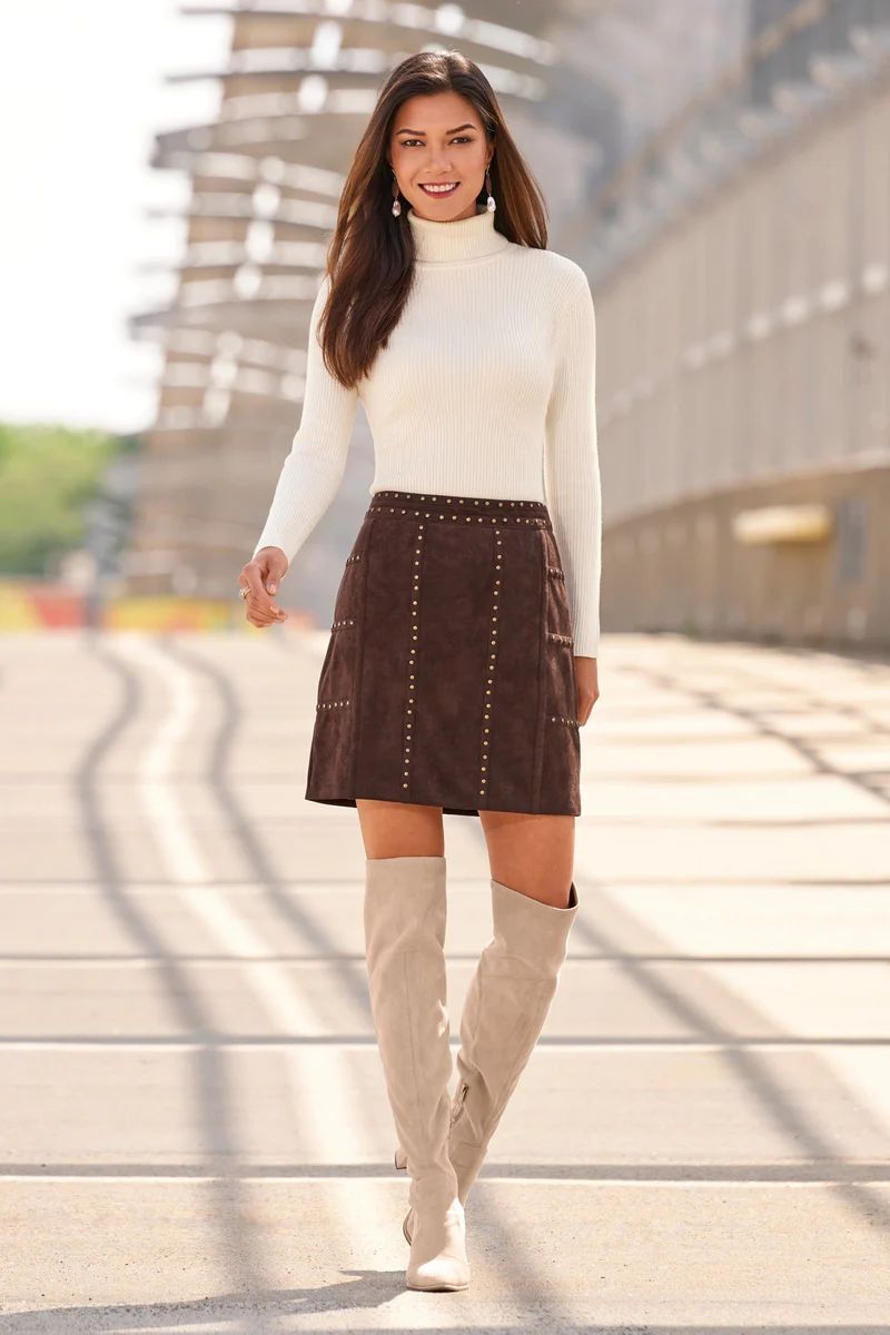 Faux Suede Studded Mini Skirt Brown/Brass | Boston Proper