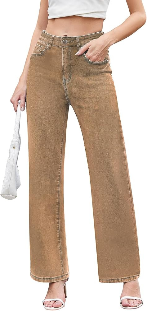Jeans for Women Trendy High Waisted Straight Jeans Loose Wide Leg Stretchy Denim Pants with Pocke... | Amazon (US)