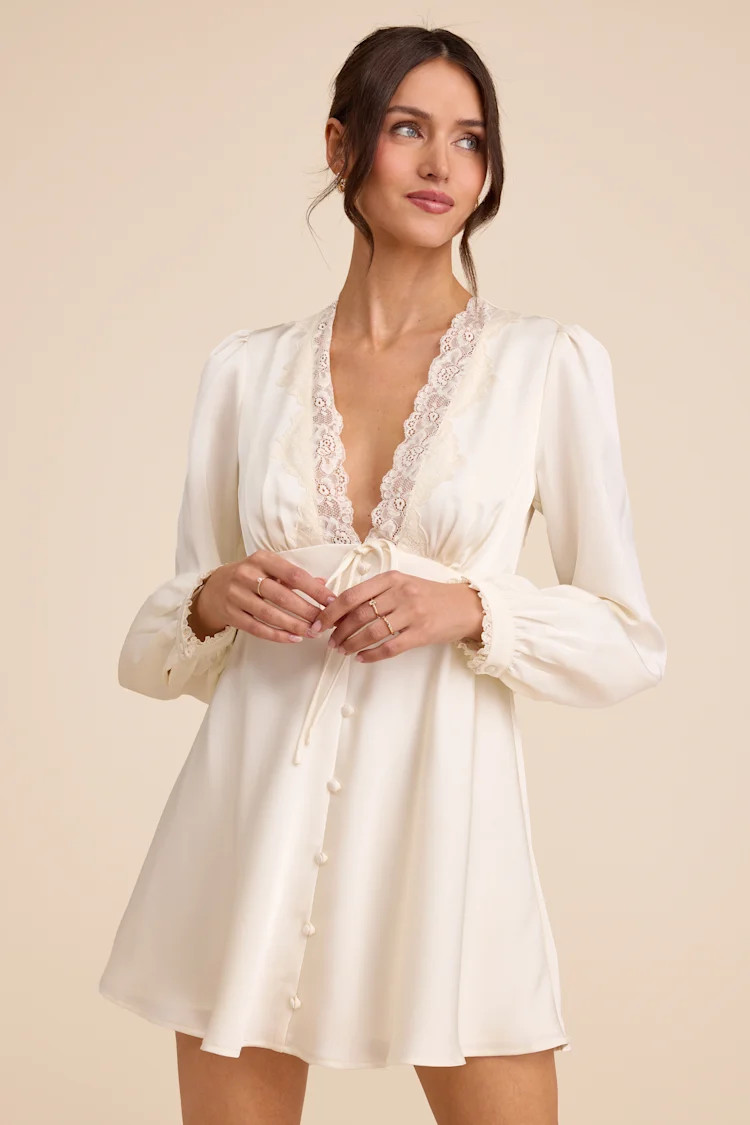 Goldia Ivory Satin Long Sleeve Babydoll Mini Dress | Lulus