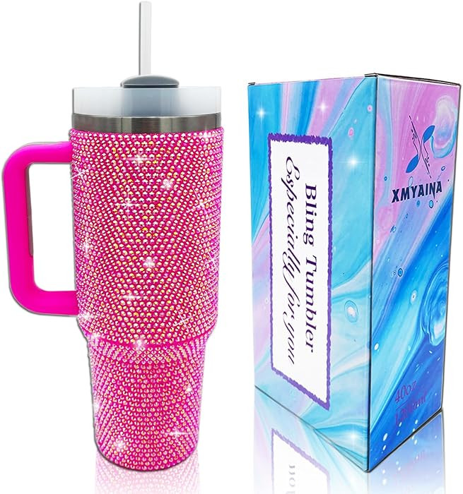 40oz Bling Tumbler with Handle and Straw Lid Rhinestone Studded Tumbler Cups Vacuum Insulated Sta... | Amazon (US)