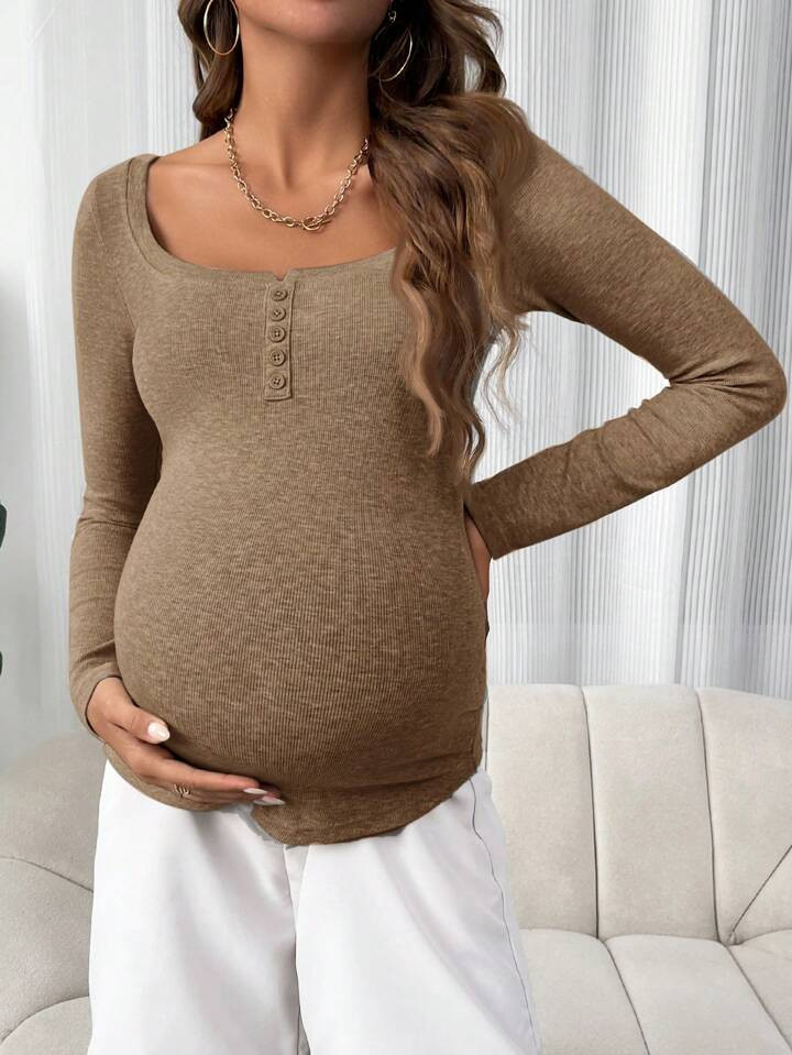 SHEIN Maternity Solid Color Button Half-Placket Long Sleeve Slim T-Shirt, Autumn/Winter | SHEIN