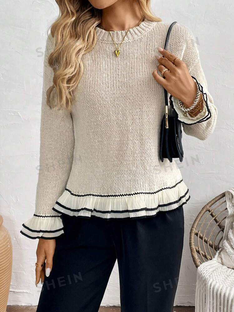 SHEIN Relaxiva Loose Casual Versatile Round Neck Lace Trim Knitwear | SHEIN