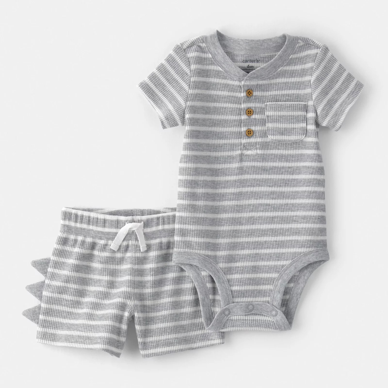 Baby Boy Carter's 2-Piece Dinosaur Spikes Waffle Knit Short Sleeve Bodysuit & Shorts Set, Boy's, Size: Newborn, Gray Striped Dino | Kohl's