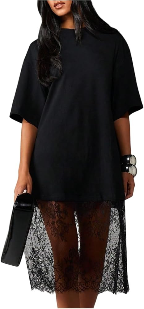 Verdusa Women's Lace T Shirt Dress Oversized Midi Dresses Concert Outfits | Amazon (US)