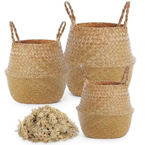 Knitgrip 3 Pack Large Wicker Plant Basket with Handle 10 Inch Woven Seagrass Belly Basket and Artificial Moss for Plants Picnic Grocery Laundry House Storage Home Decor (Small,Medium,Large) | Amazon (US)