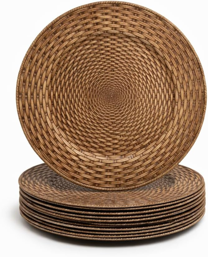 13in Charger Plates Set of 12- Faux Rattan Chargers for Dinner Plates- Brown Round Plastic Plate ... | Amazon (US)