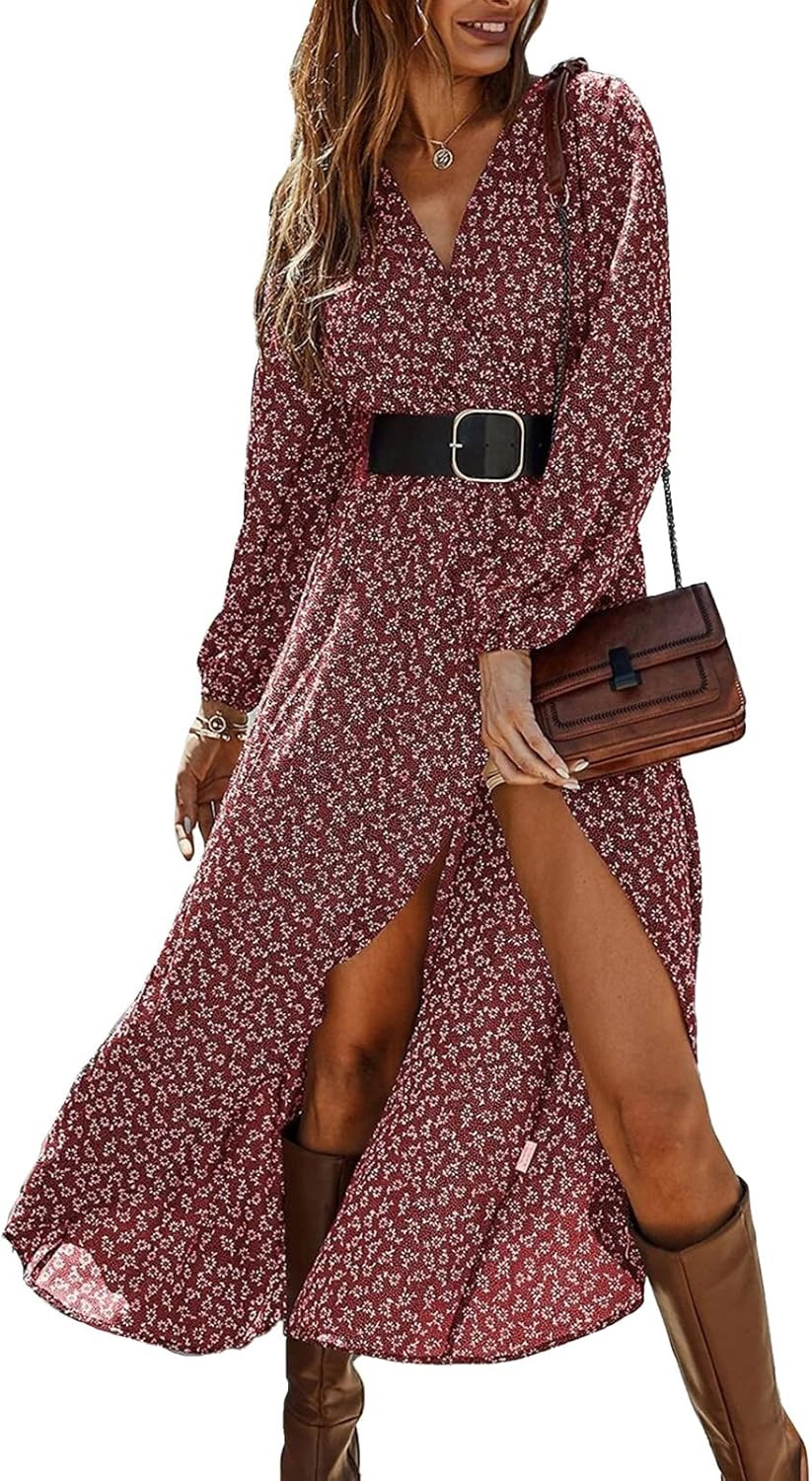 PRETTYGARDEN Women’s Long Sleeve Bohemian Dress V-Neck Floral Print High Split Tie Wrap Midi Fl... | Amazon (US)