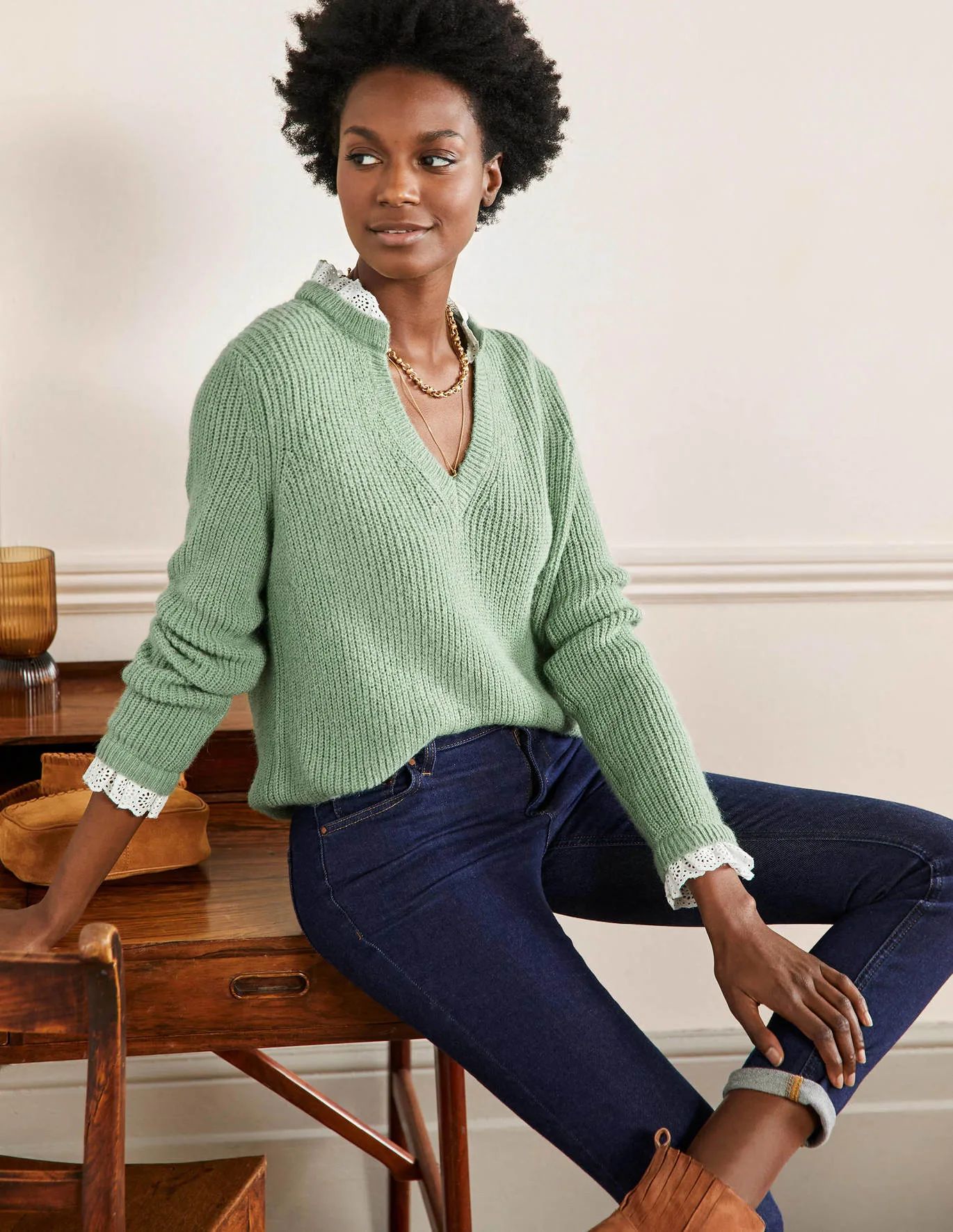 Ribbed Woven Mix Sweater - Basil | Boden US | Boden (US)